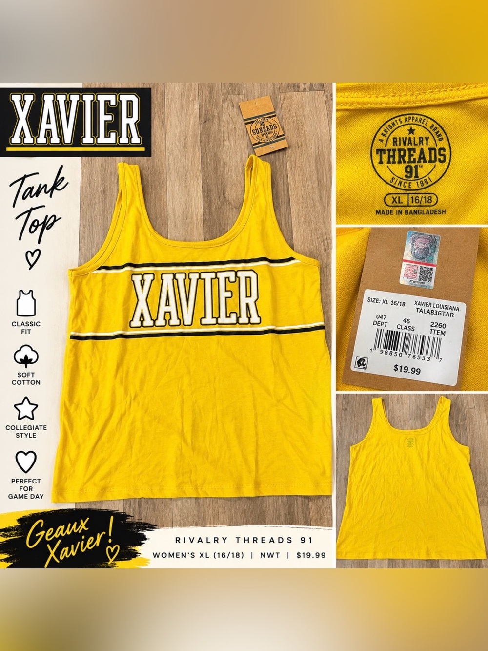 Rivalry Threads 91 Xavier University Women’s Tank Top XL 16/18 Yellow NWT